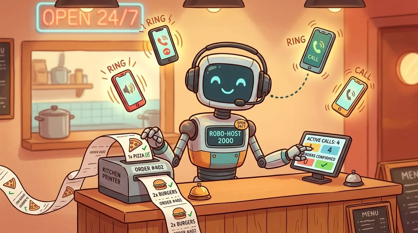AI phone answering system capturing restaurant orders, reducing staff stress, integrating with Clover and Square POS.
