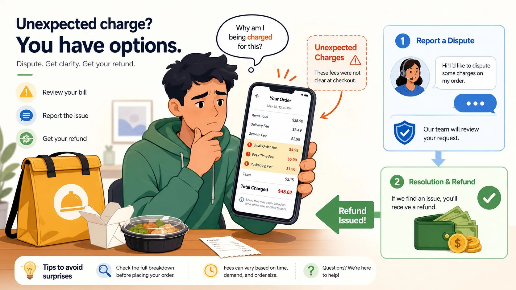 A customer looking concerned at an unexpected food delivery order charge while reviewing steps to dispute fees.