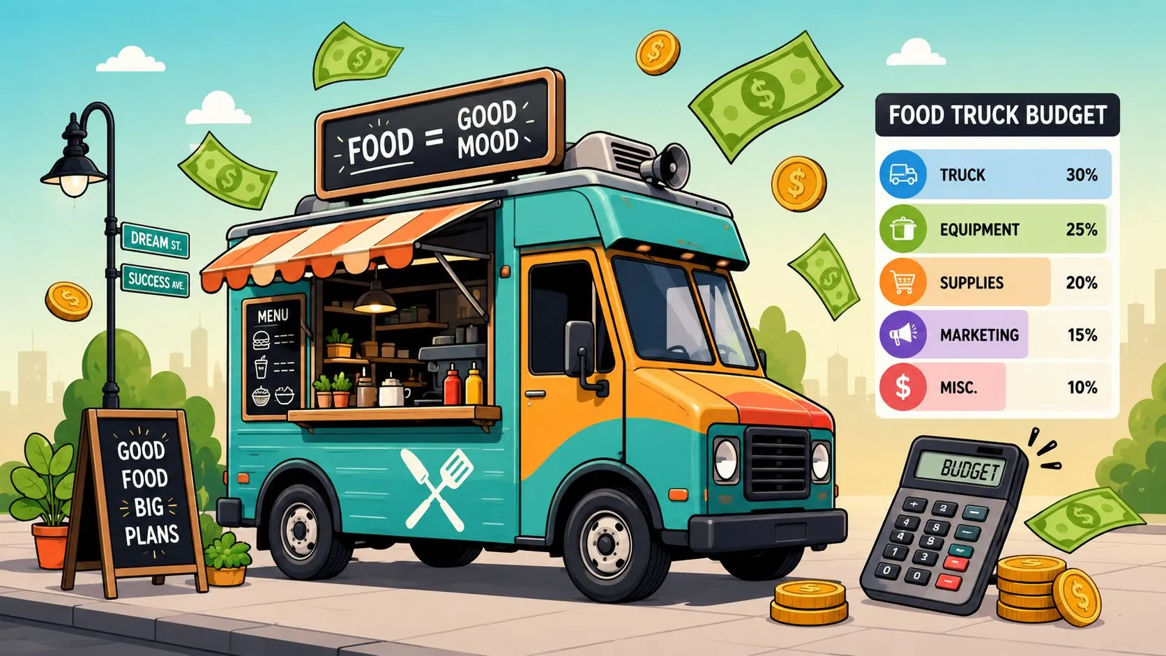 Budget breakdown for food truck startup costs, highlighting equipment, permits, and operating expenses for 2026.