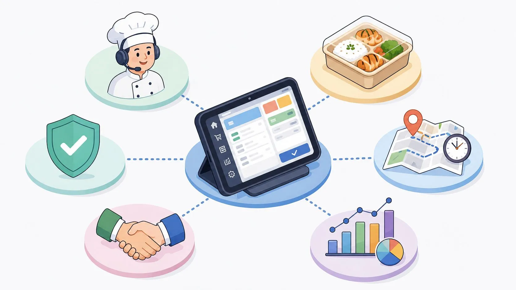 Illustration depicting key delivery management practices for restaurants, highlighting POS integration and staffing
