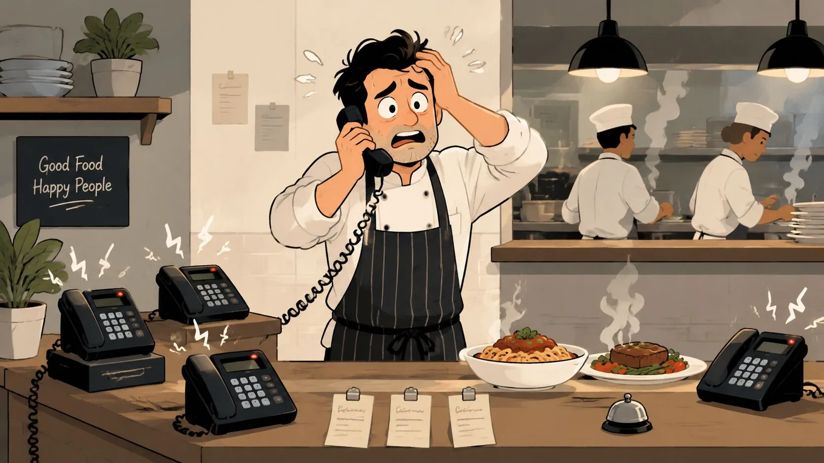 A stressed chef in a busy restaurant kitchen struggling to answer multiple ringing telephones simultaneously.