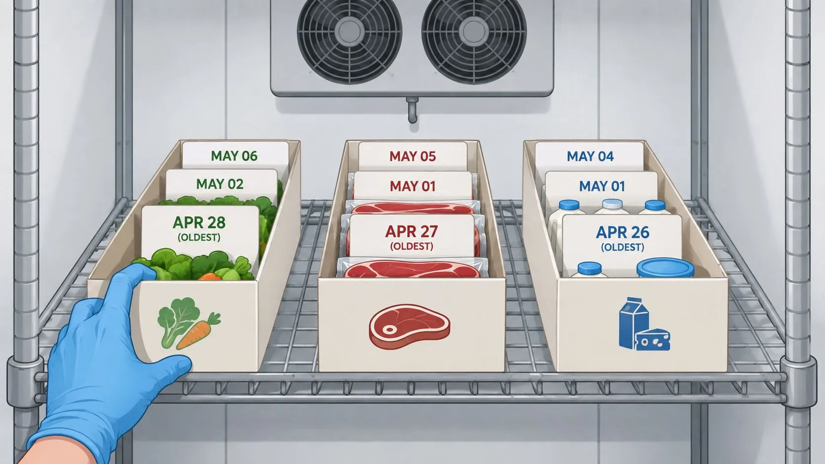 A gloved hand organizing fresh produce, meat, and dairy products into labeled storage bins in a commercial refrigerator.