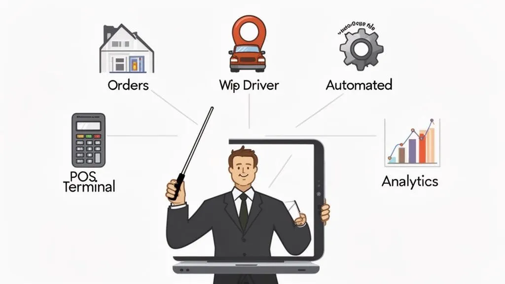 A cartoon man emerges from a laptop, pointing to icons for orders, drivers, automation, POS, and analytics.