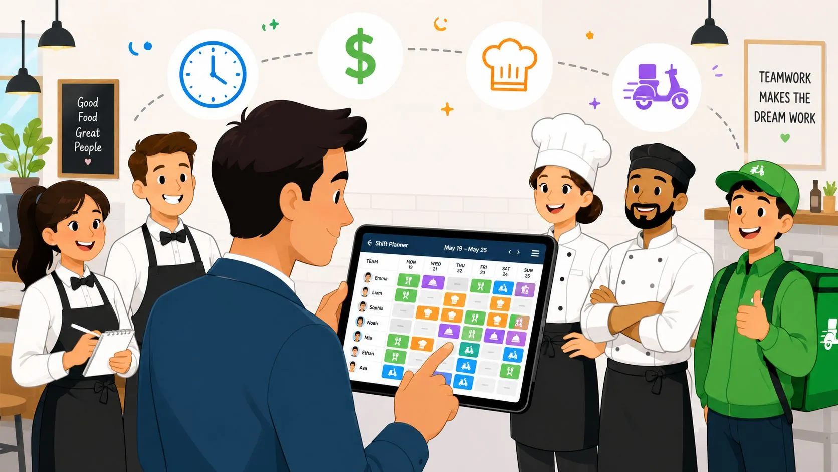 Illustration depicting efficient restaurant staff scheduling with charts and graphs for demand forecasting and labor