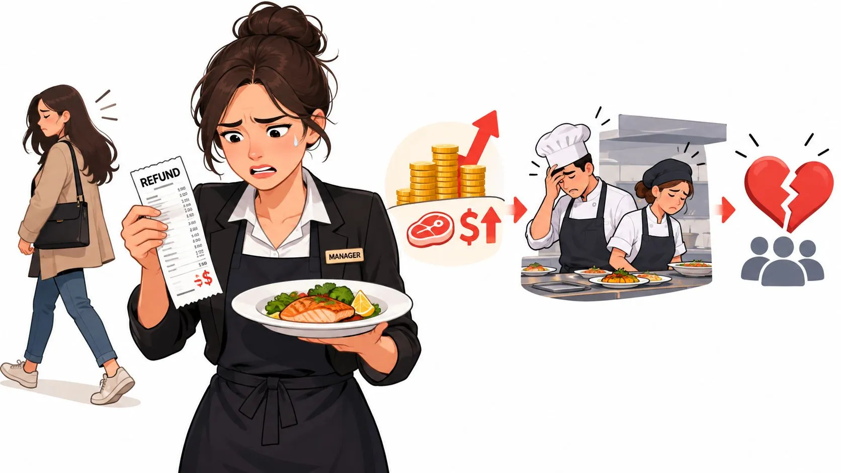 A restaurant manager looking distressed at a refund receipt while kitchen staff experience stress over food costs.