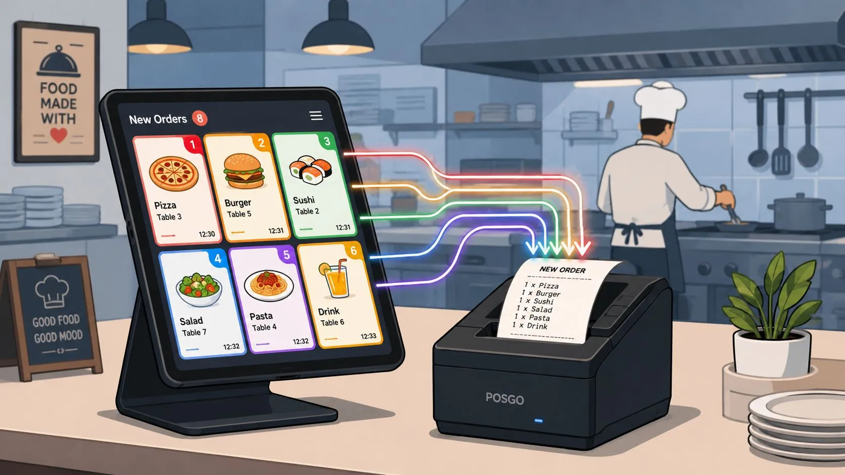 Illustration showing restaurant delivery management software integrating Uber Eats and DoorDash with a POS system.