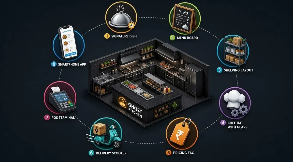 Dark kitchen order management concept illustrating efficient delivery and kitchen operations.