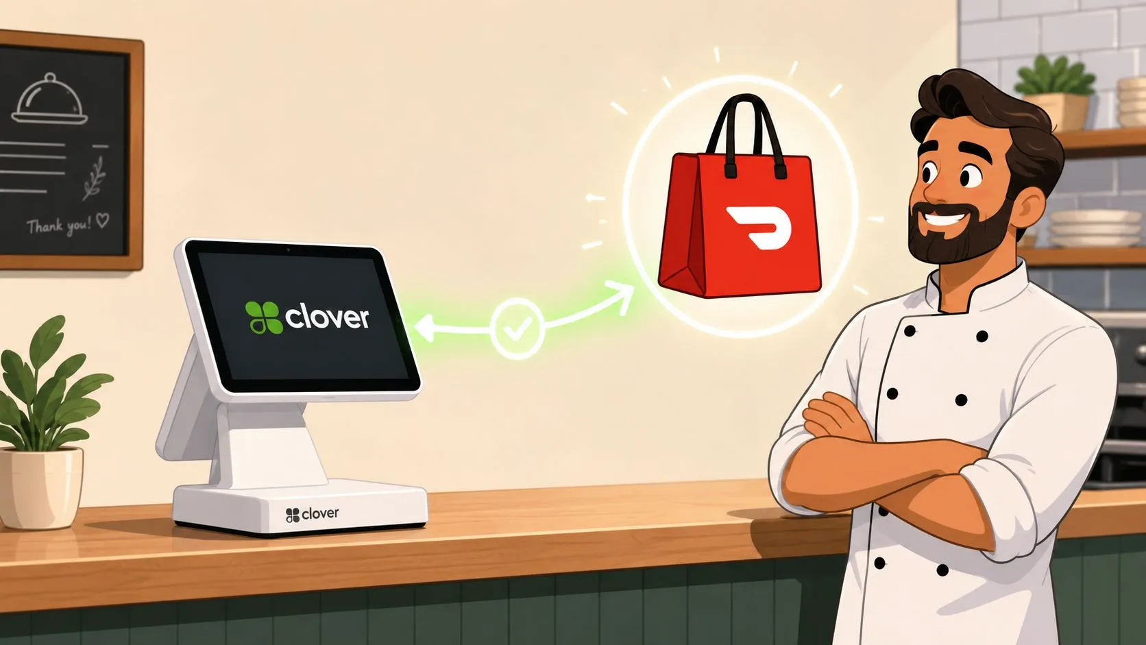 Illustration showing DoorDash and Clover POS integration process with error avoidance tips and tablet elimination.