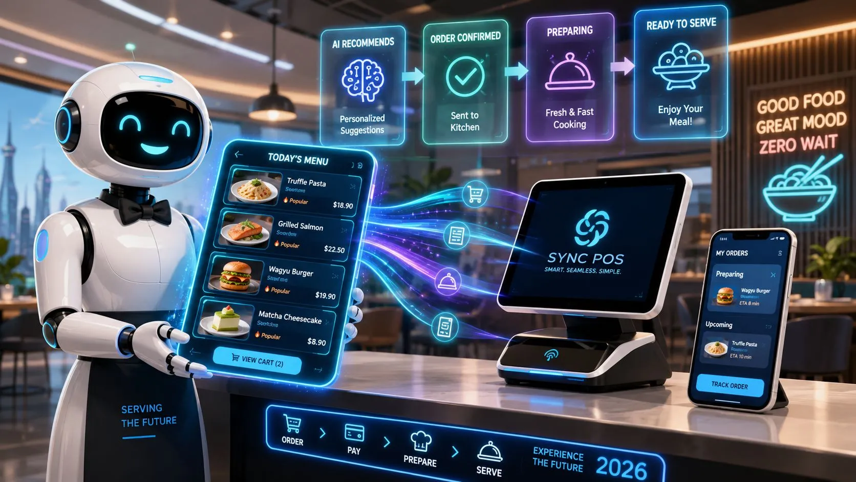 Futuristic restaurant scene with AI agents managing orders and enhancing customer experience.