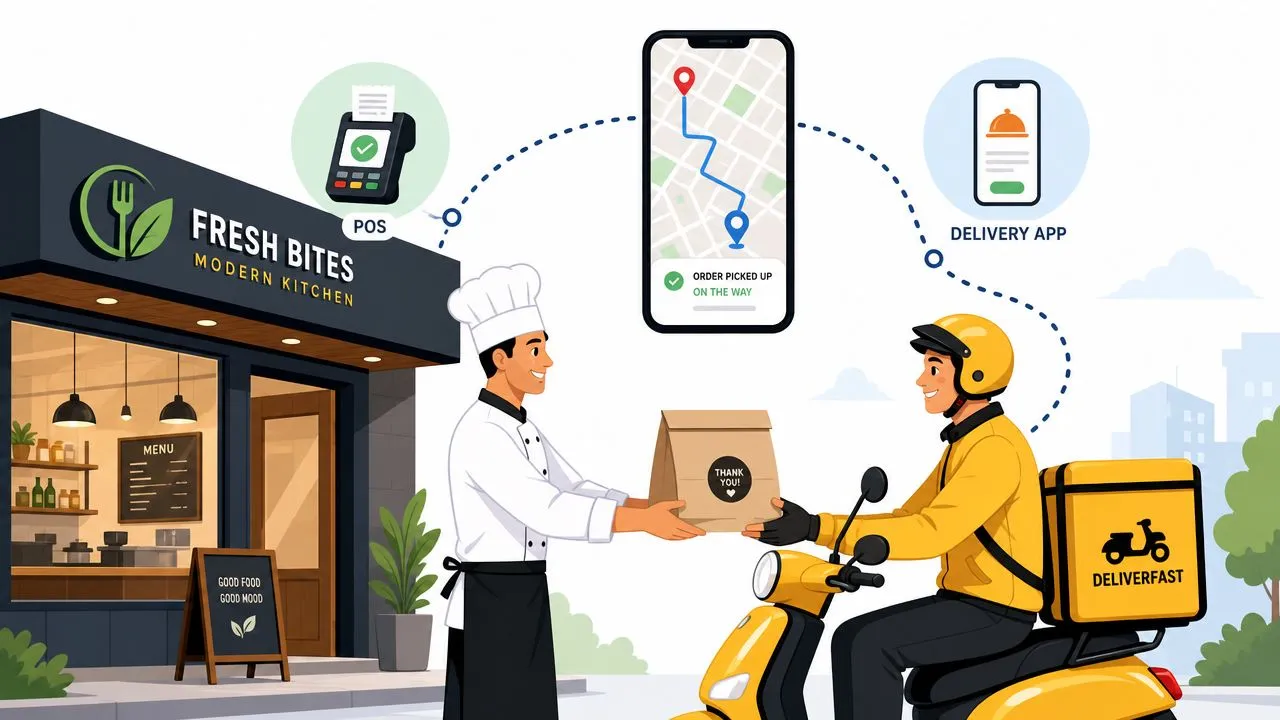 Diagram showing last mile delivery process for restaurant orders, highlighting software features and POS integration.