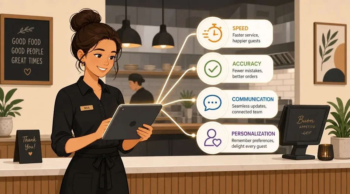 Modern guest service in restaurant showing integrated order and staff communication for better customer experience.