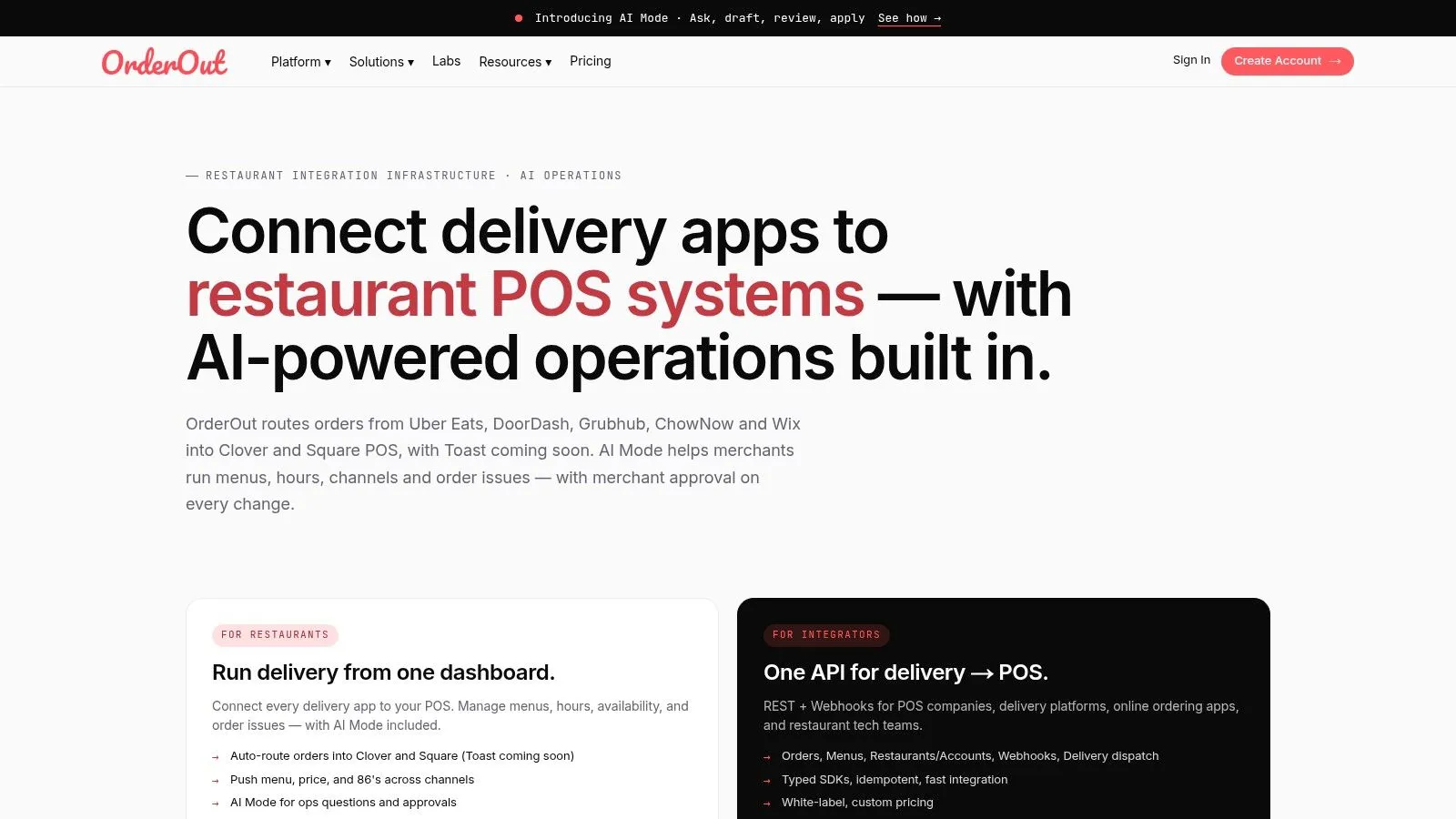 OrderOut delivery integration dashboard showing marketplace orders flowing into a restaurant POS