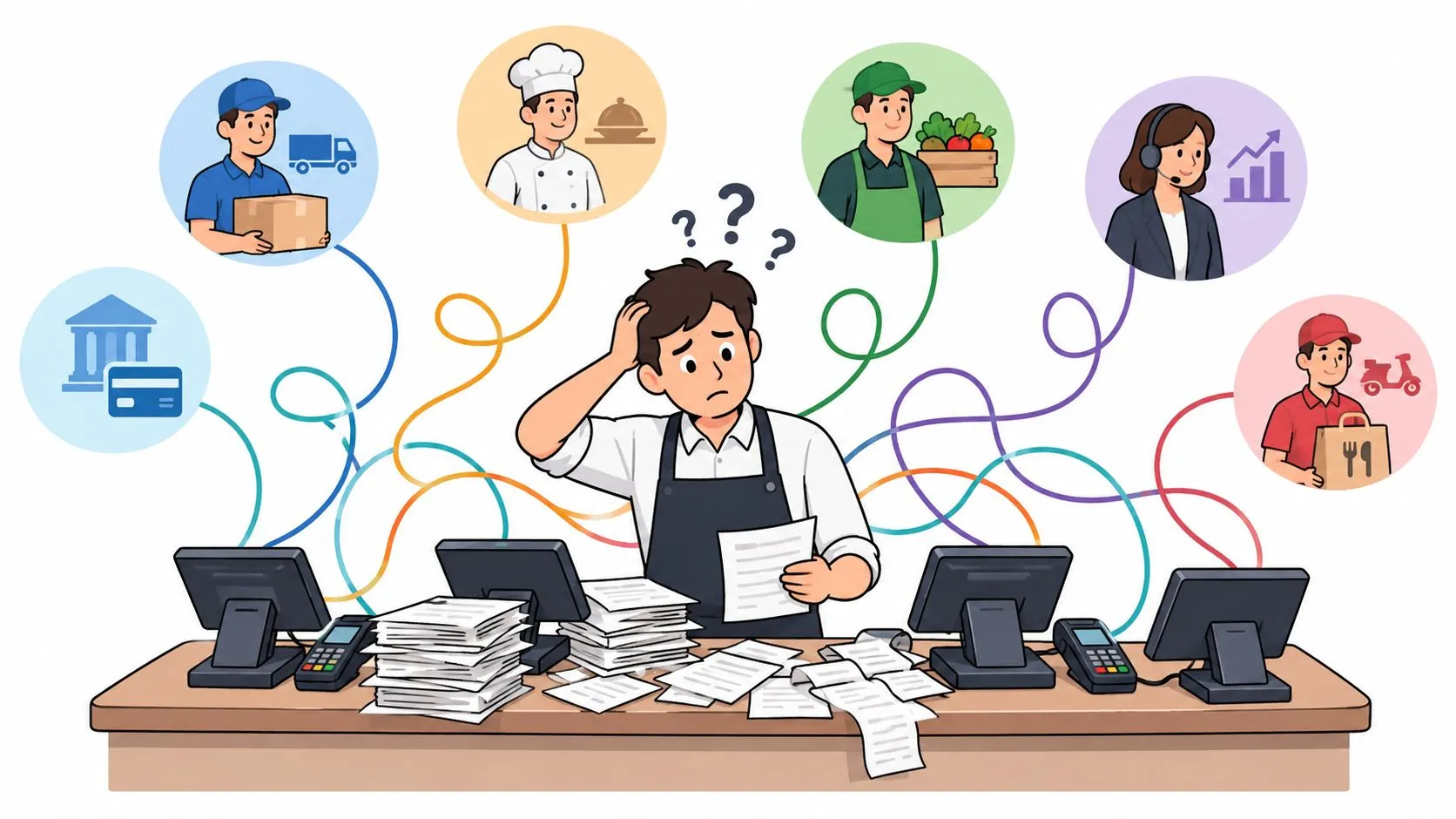 A confused restaurant owner trying to manage complex operations with multiple service providers and chaotic paperwork.