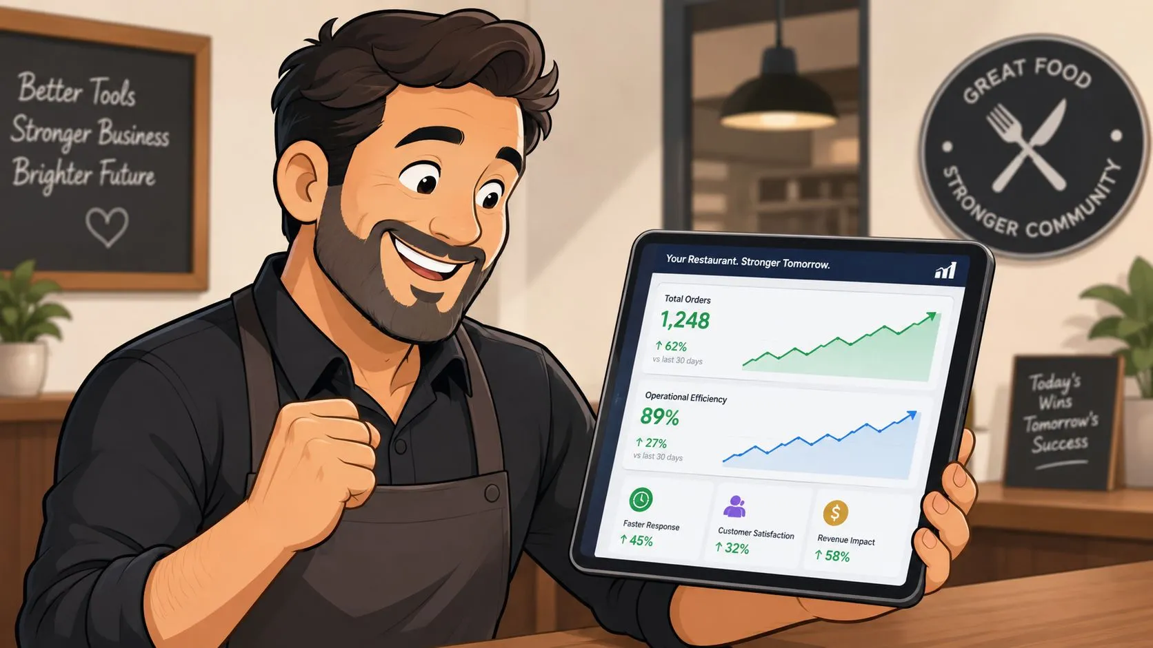 A happy restaurant manager smiling while holding a tablet showing positive business performance growth analytics data.