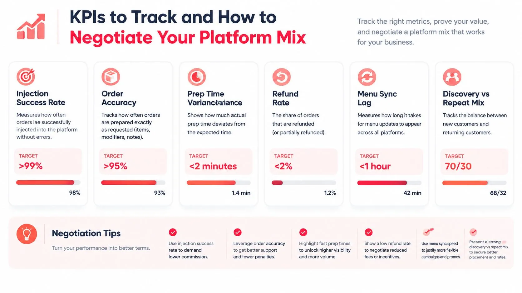 A visual guide outlining key performance indicators for delivery platforms and negotiation strategies to improve business terms.