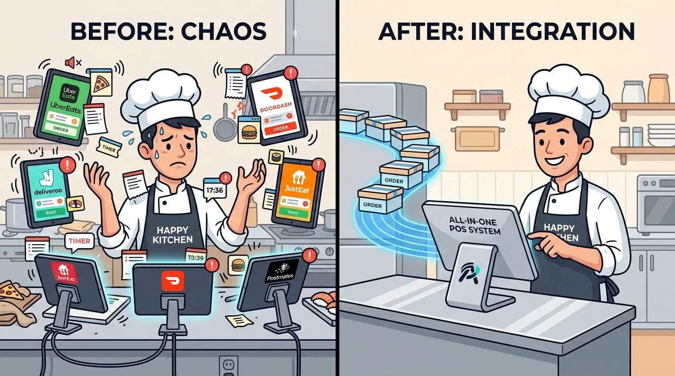 Illustration showing a restaurant owner managing third-party food delivery apps on a tablet.