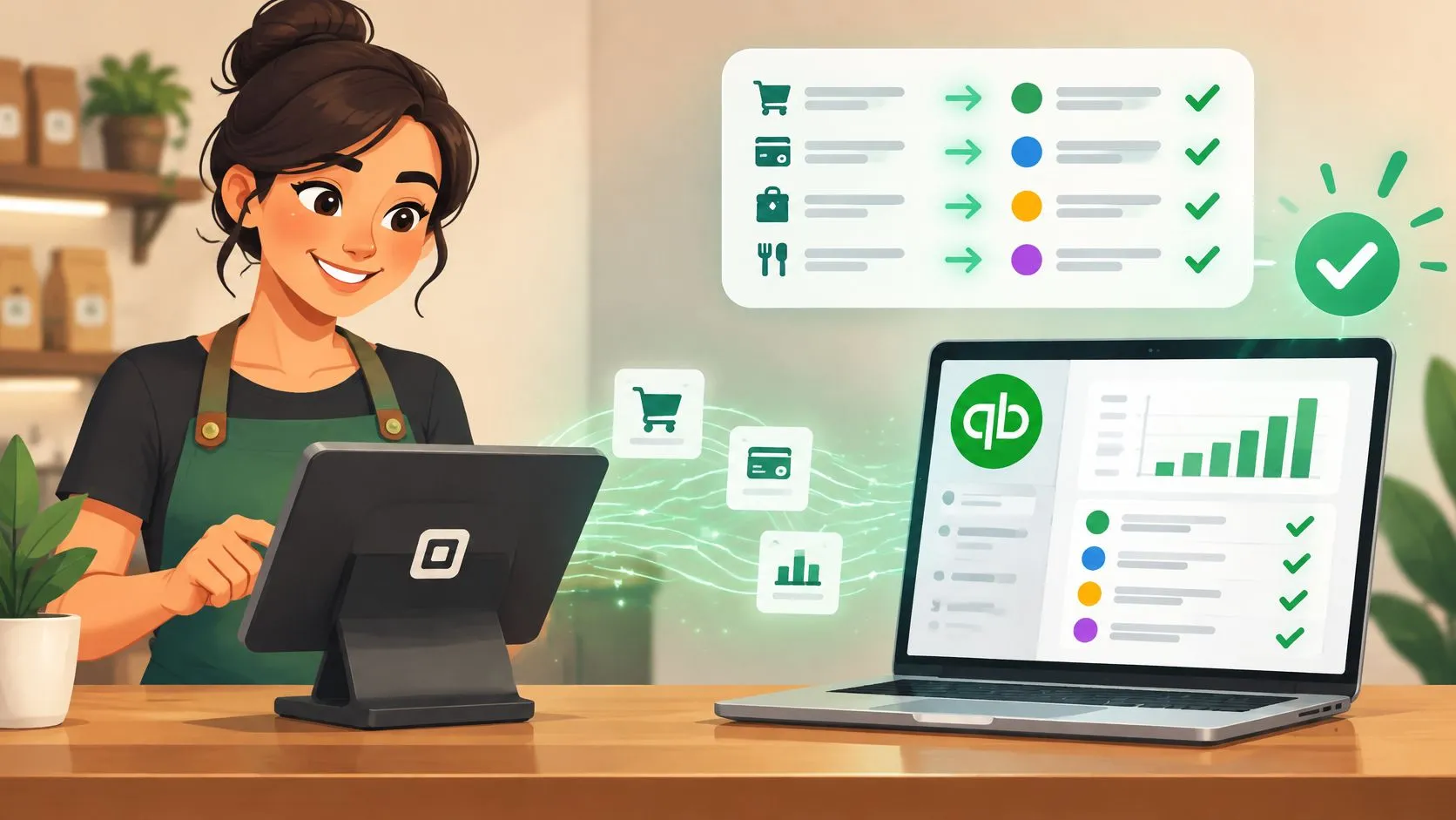 Diagram showing Square POS and QuickBooks integration process, highlighting payment and inventory sync steps.