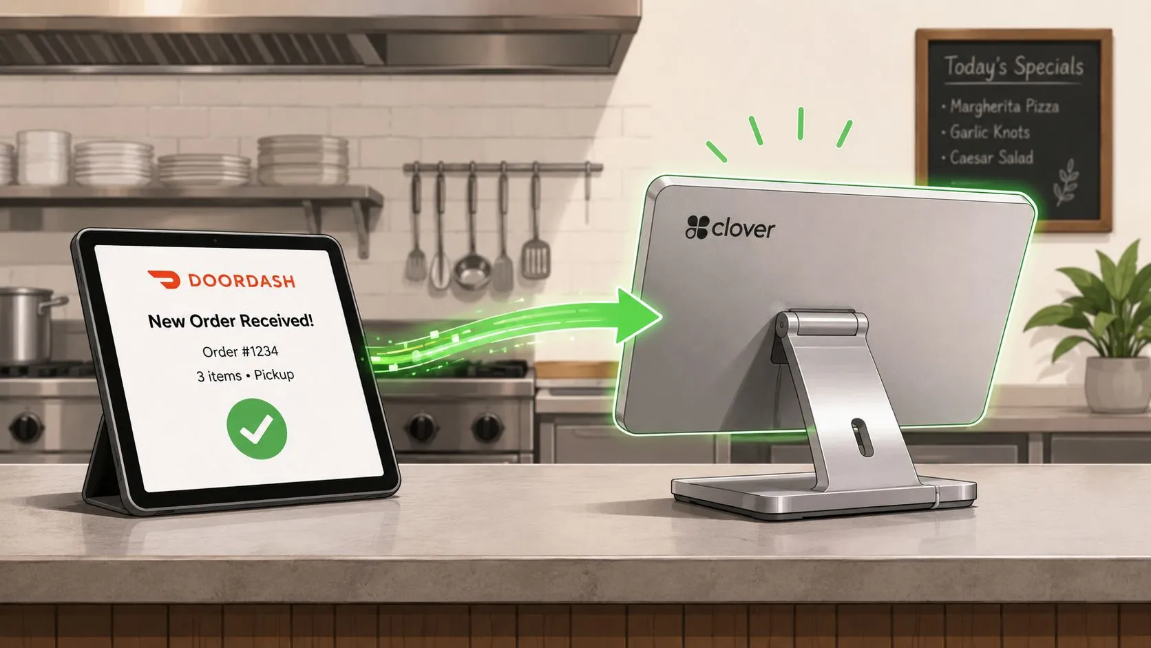 A digital illustration showing a DoorDash tablet wirelessly sending a new order to a Clover POS system.