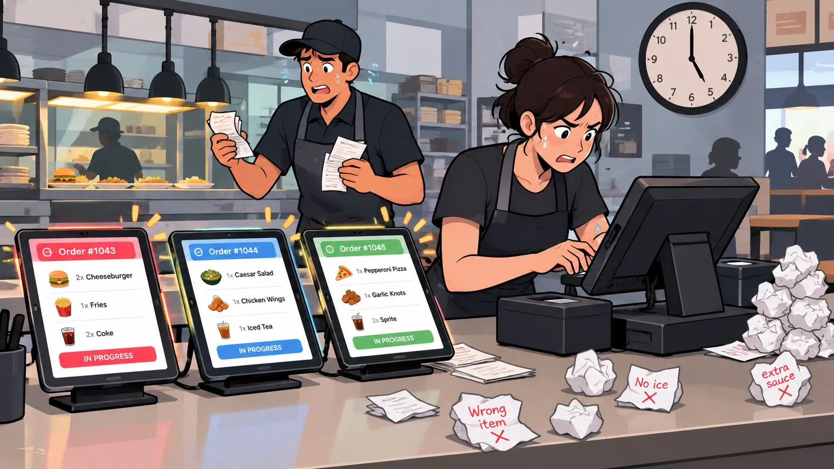 Stressed restaurant workers overwhelmed by multiple digital food orders and paper slips in a chaotic kitchen environment.