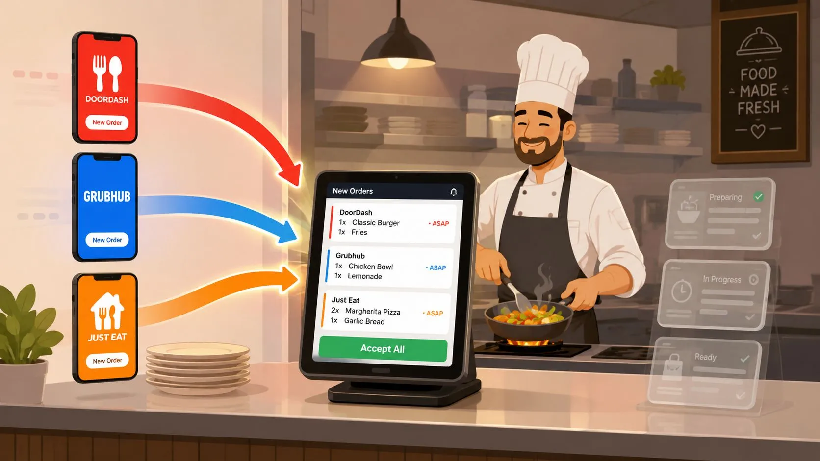 Diagram showing order routing software integrating delivery services with a restaurant's POS system.