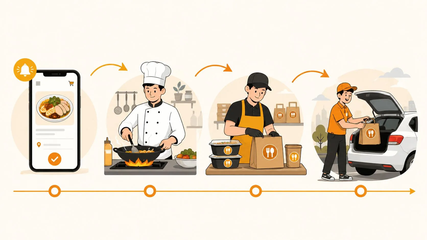 Illustration of a restaurant delivery process highlighting measurement, bottlenecks, and faster order shipping.