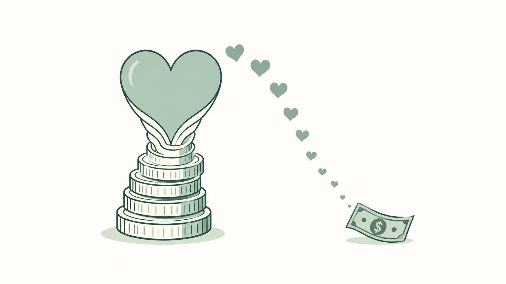 A stack of coins forming a heart shape with small hearts flowing toward a dollar bill.
