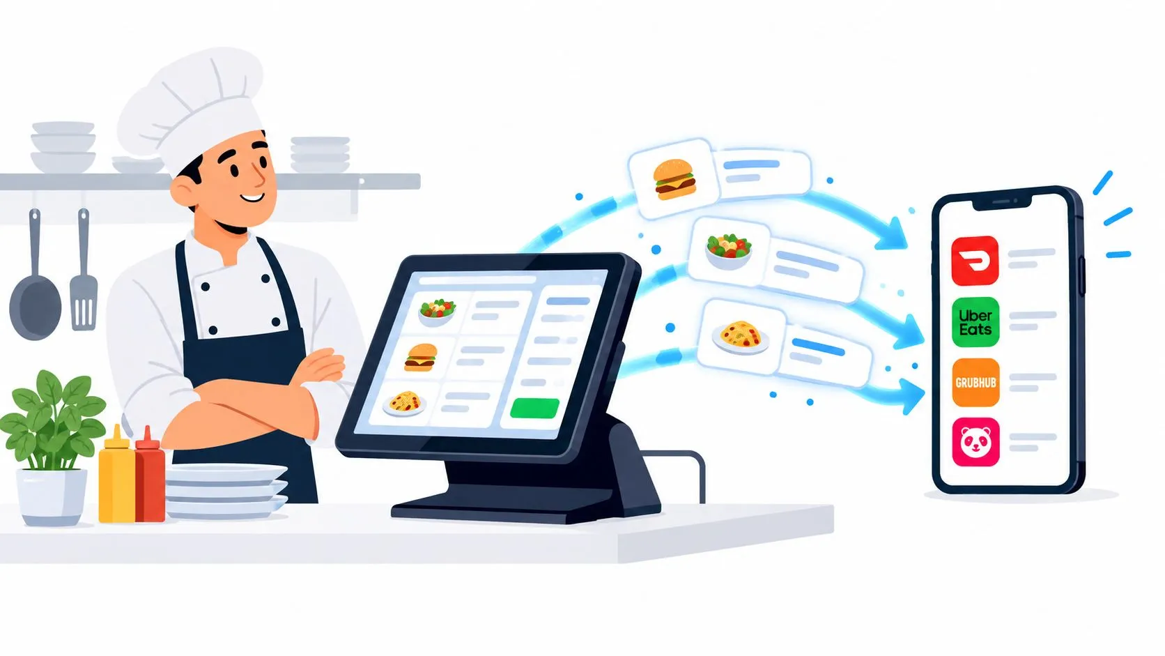 Diagram showing webhook integration between Clover, Square, Uber Eats, DoorDash, and Grubhub for restaurant POS systems.