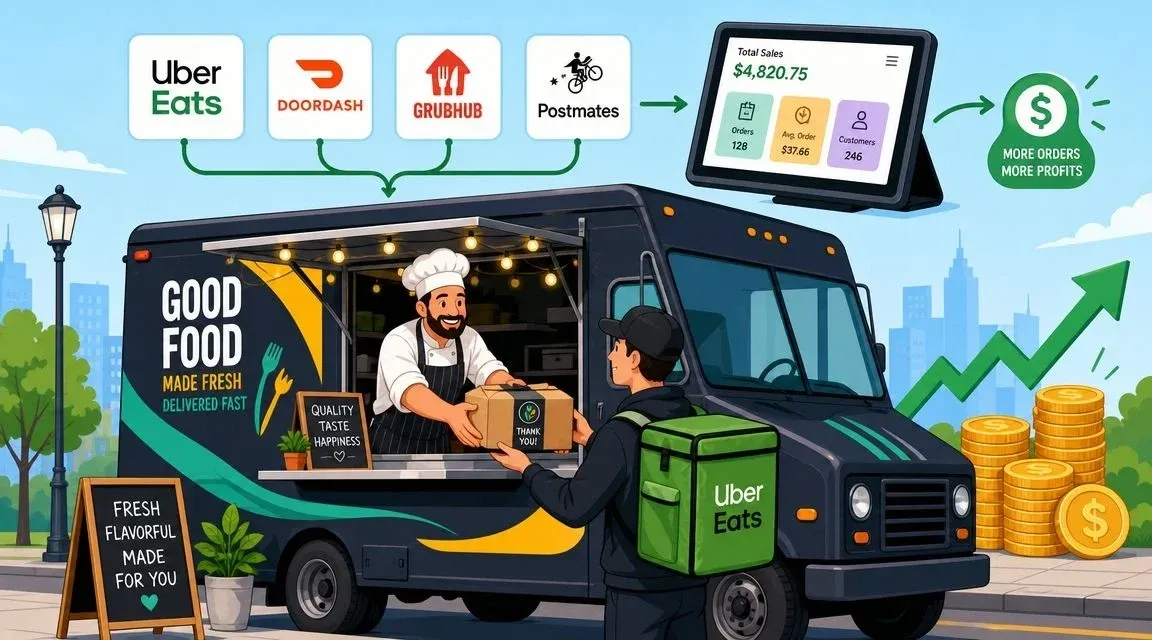 Happy chef in food truck managing food truck food and delivery orders efficiently.