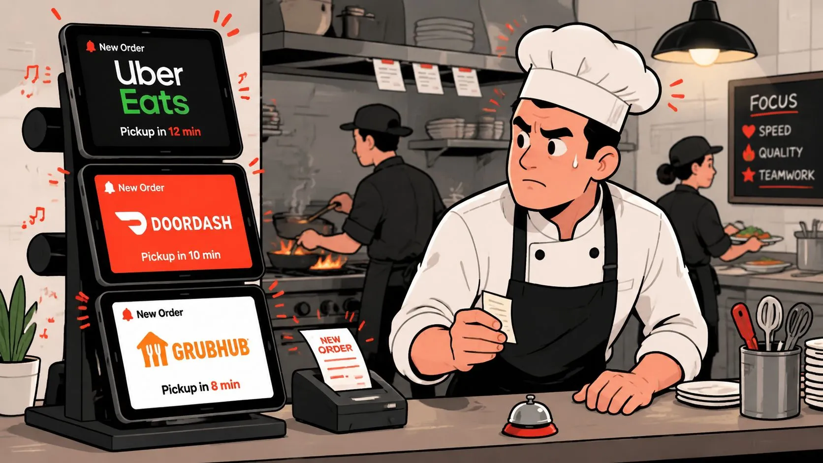 A stressed chef in a busy kitchen looking at multiple food delivery service tablets and order slips.