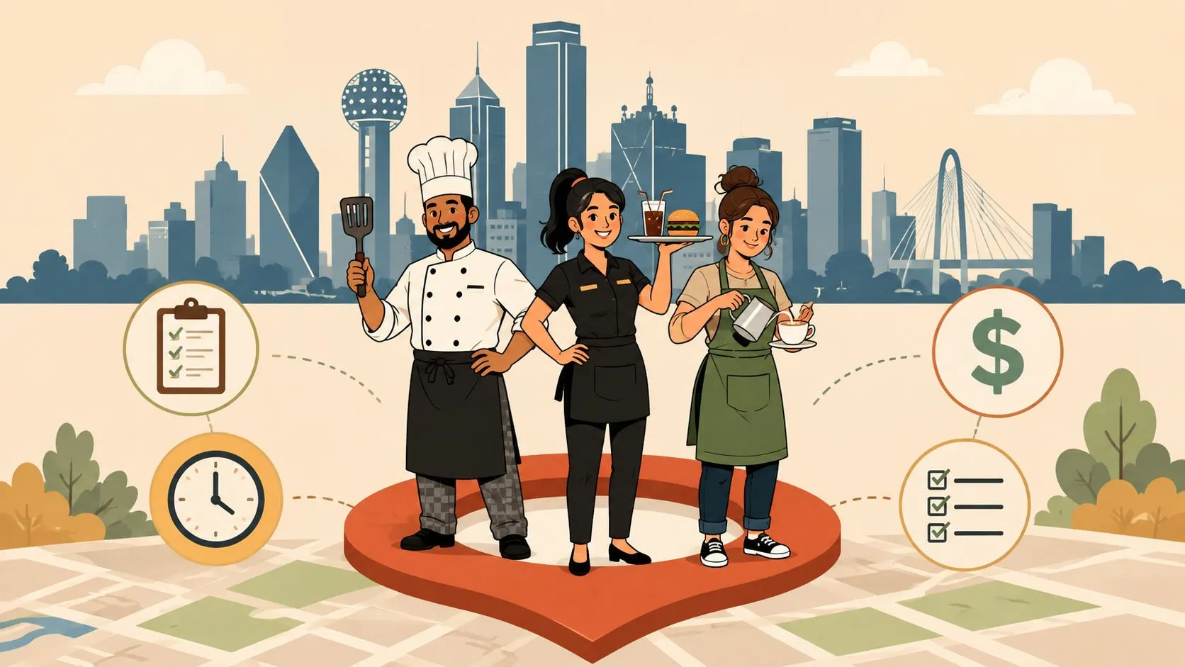Graphic showcasing restaurant job opportunities in Dallas, highlighting platforms, employers, and application tips.