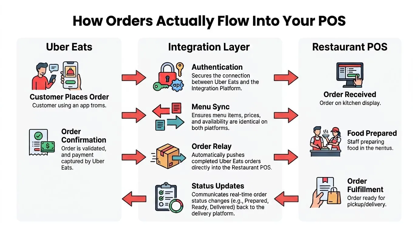 A diagram illustrating how orders flow from Uber Eats through an integration layer to a restaurant POS system.