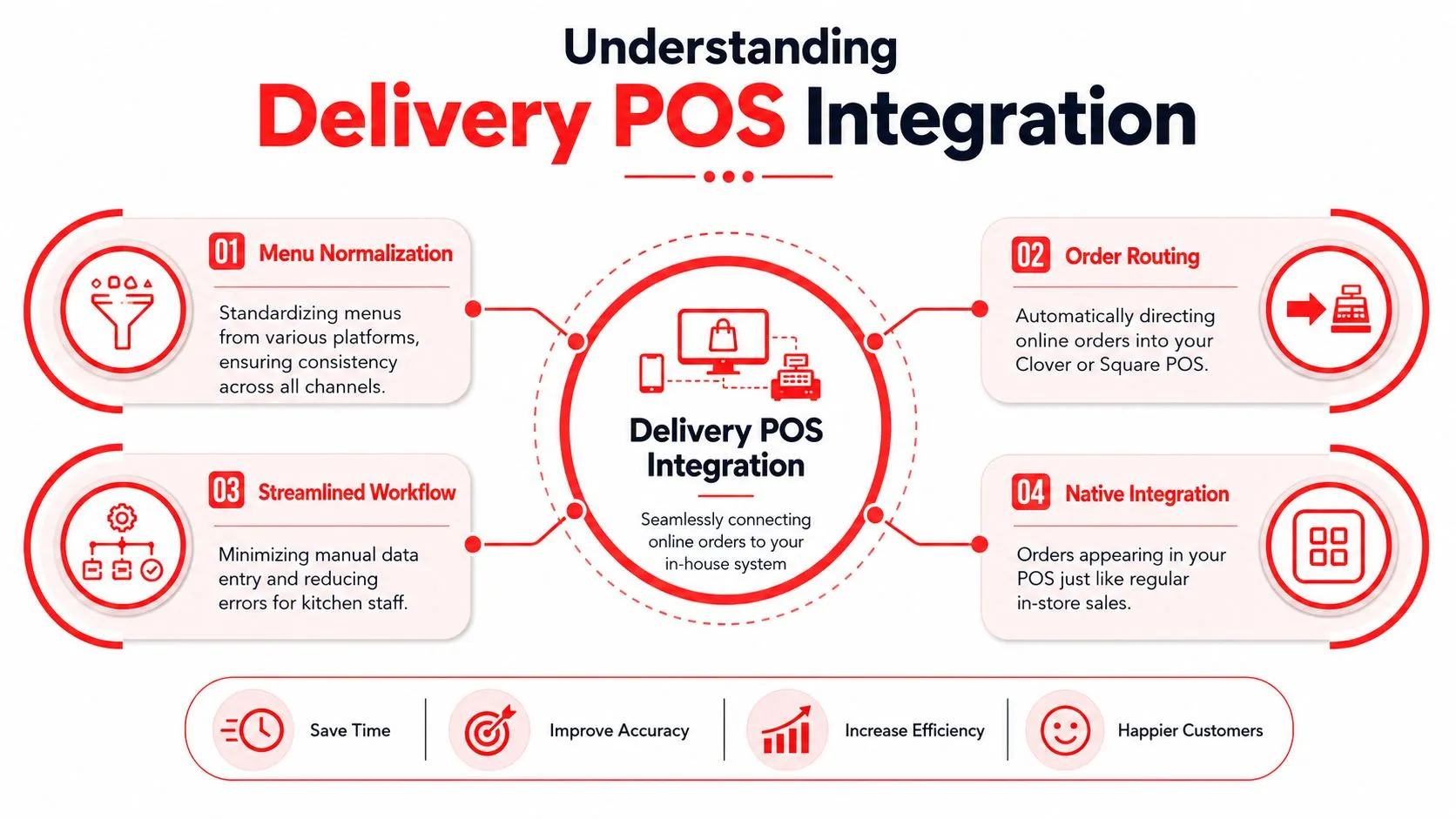 A diagram illustrating how Delivery POS Integration streamlines online orders for restaurant systems like Clover or Square.