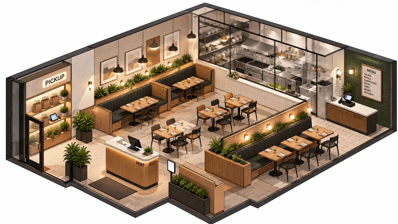 Modern restaurant interior showcasing layout, materials, lighting, and tech integration for operators.