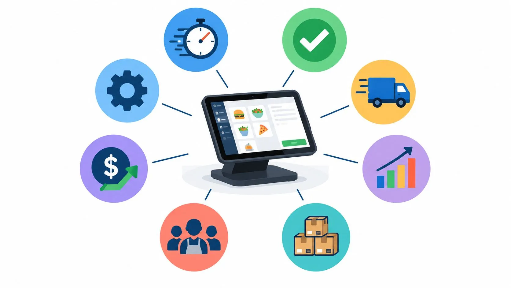 Illustration highlighting 8 benefits of POS systems for restaurants, including efficiency and inventory control.