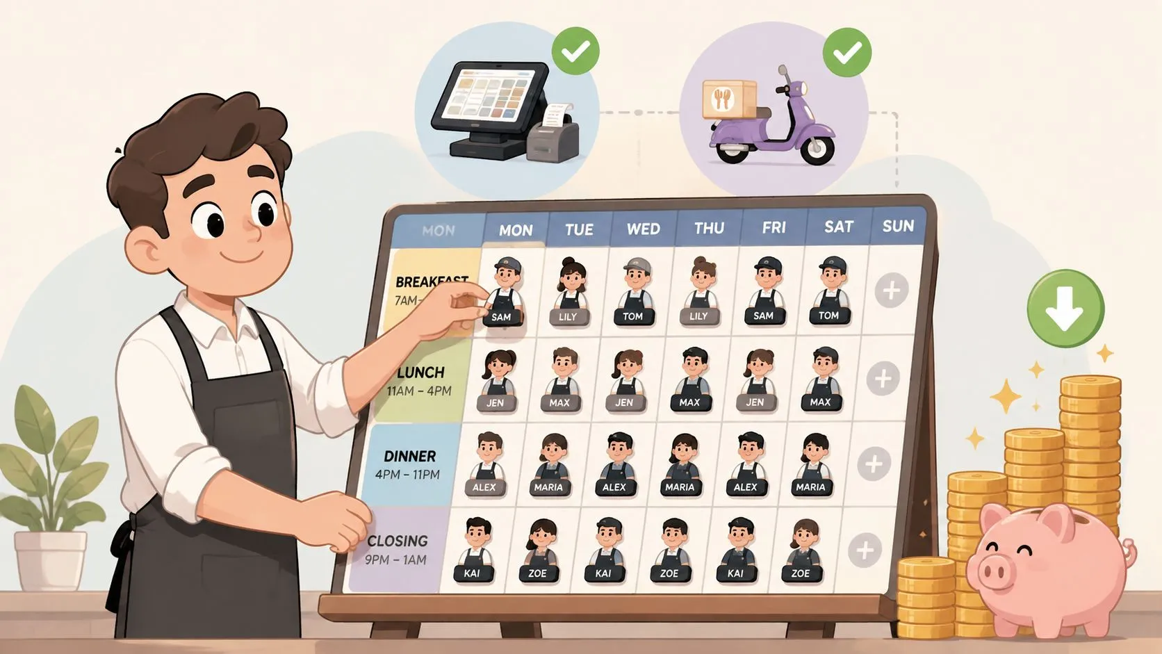 Illustration depicting strategies for reducing restaurant labor costs through scheduling and technology.