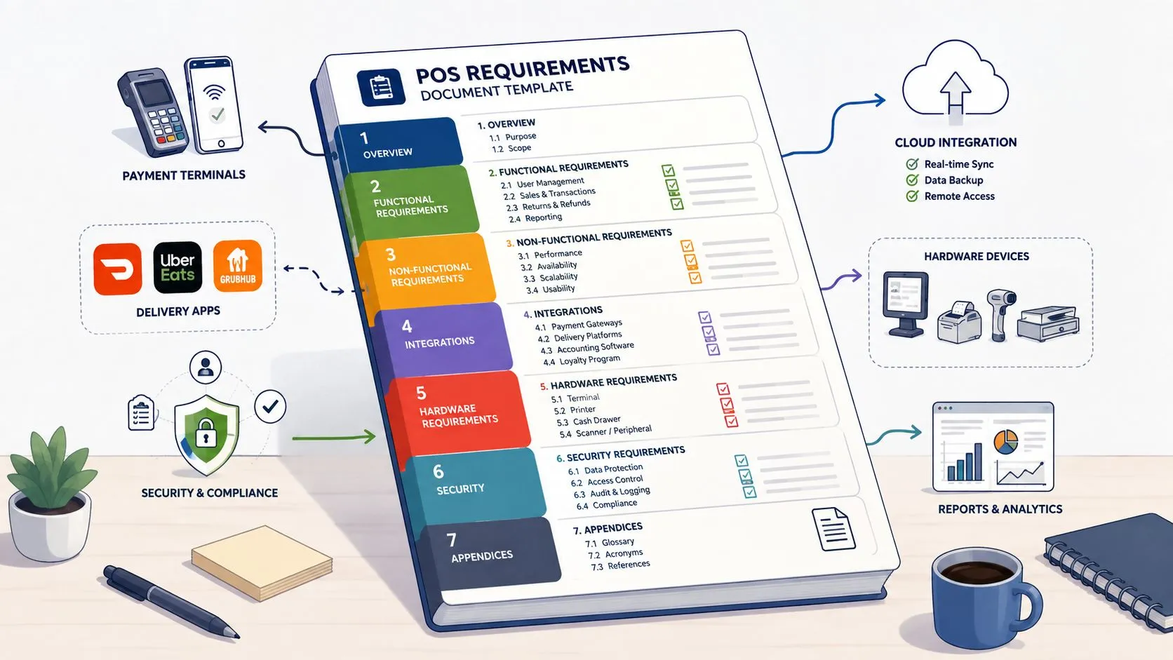 Template and checklist for creating a restaurant POS system requirements document.