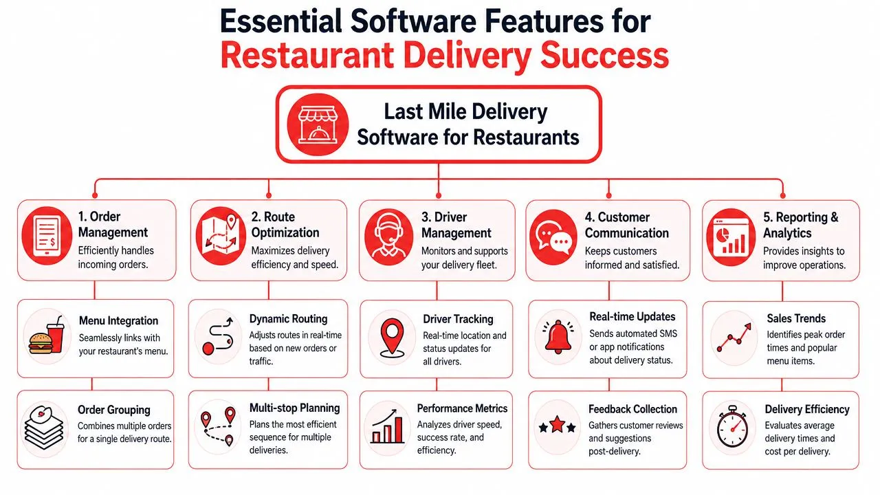 A diagram outlining the five essential features of last mile delivery software for restaurant businesses.