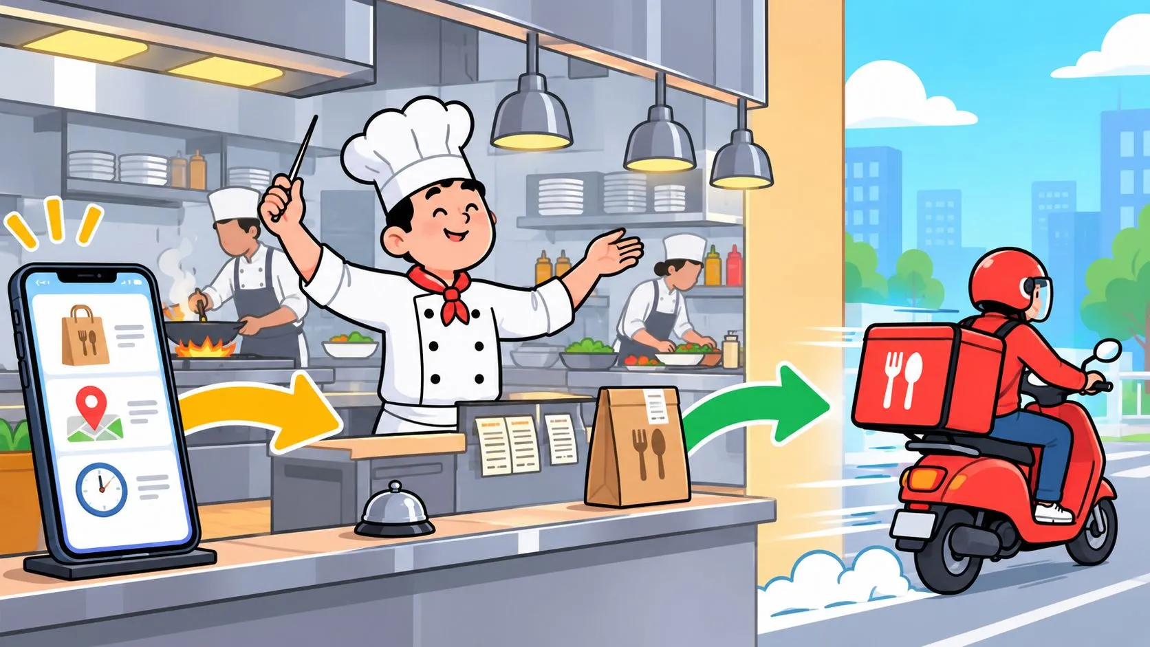 Diagram illustrating delivery management workflow in restaurants, showing order coordination, drivers, and POS systems.