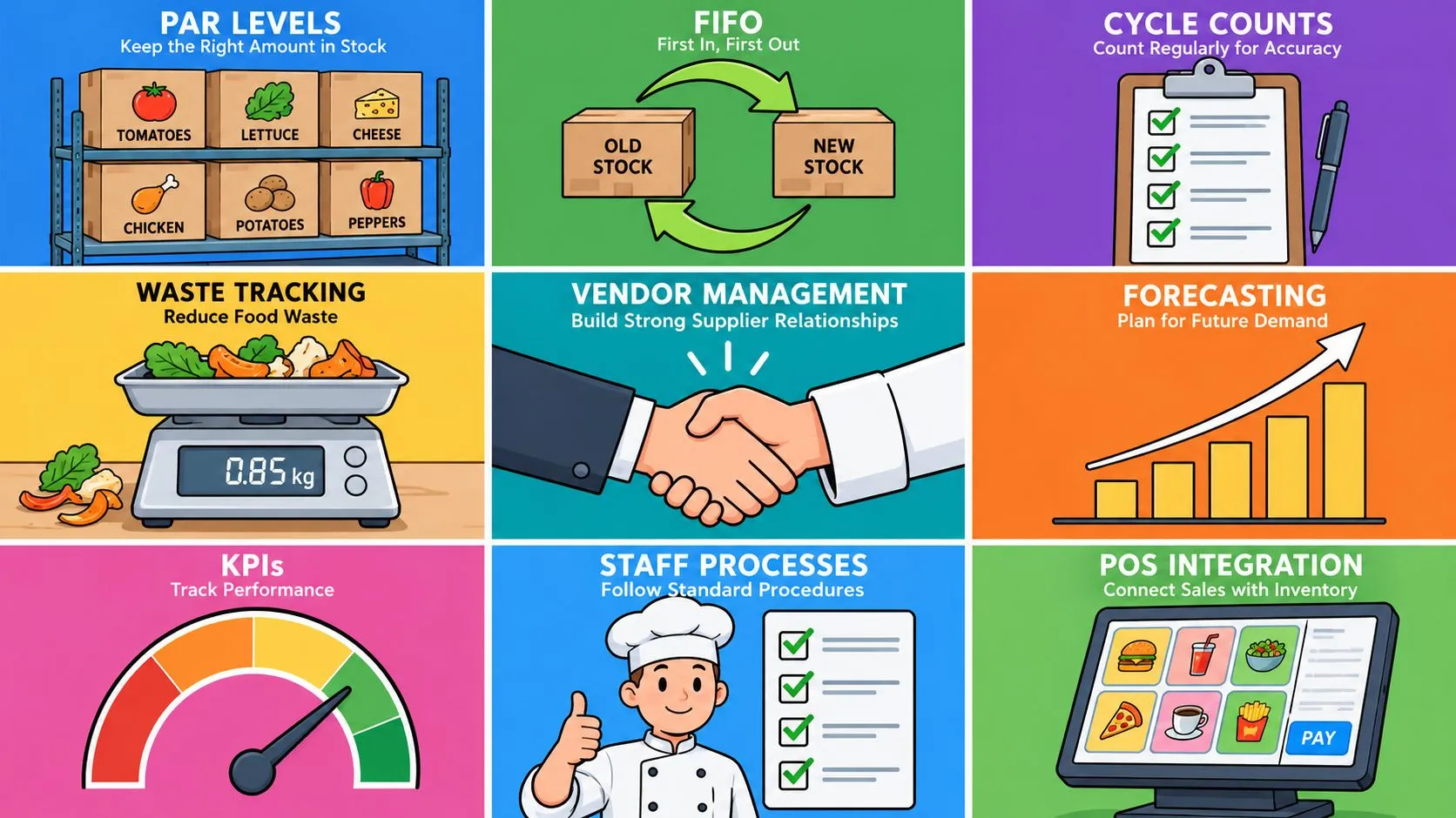 Illustration of restaurant inventory management practices, highlighting tracking waste and syncing POS systems.