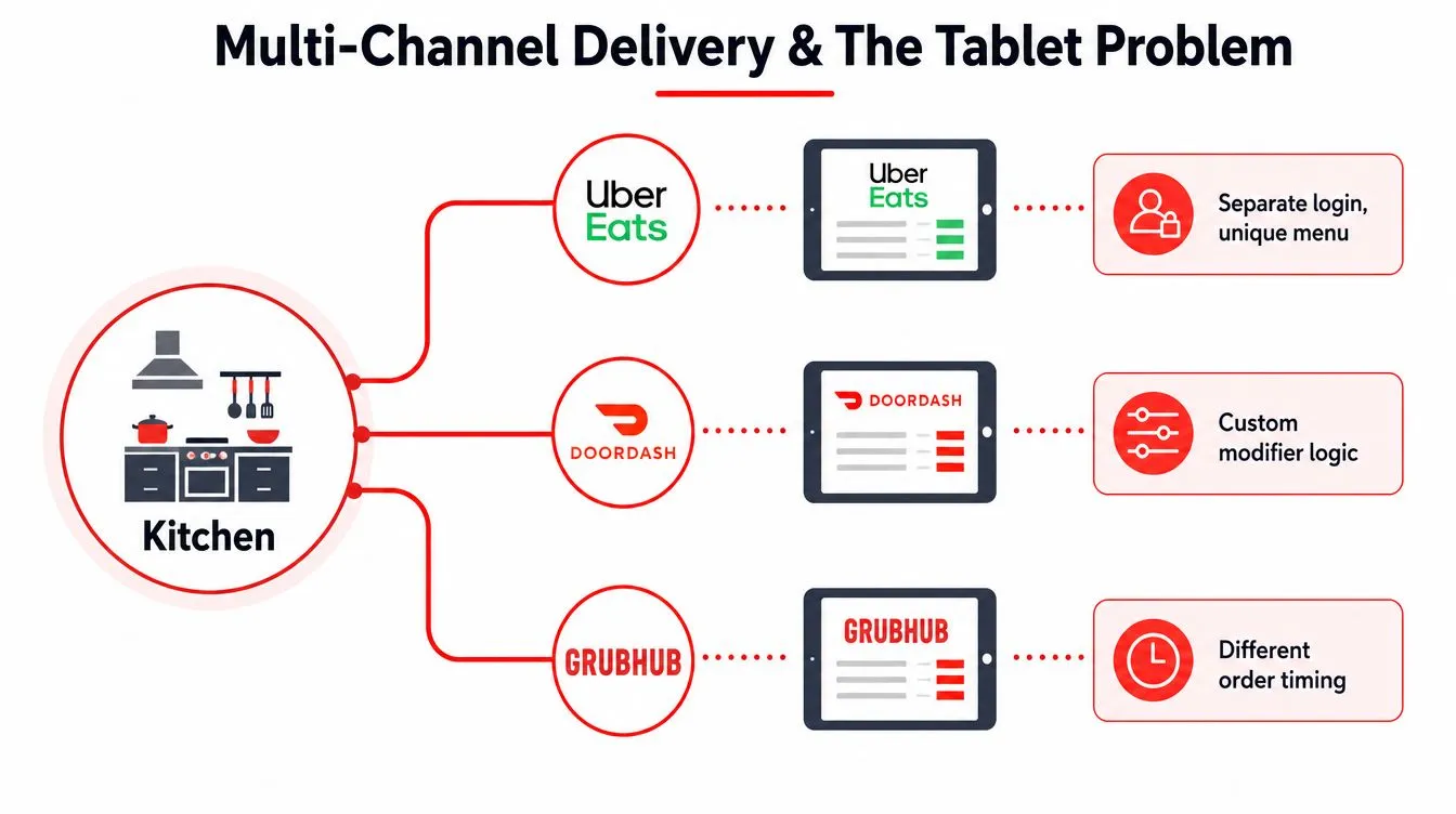 A diagram illustrating multi-channel delivery challenges with separate tablets for Uber Eats, DoorDash, and Grubhub orders.
