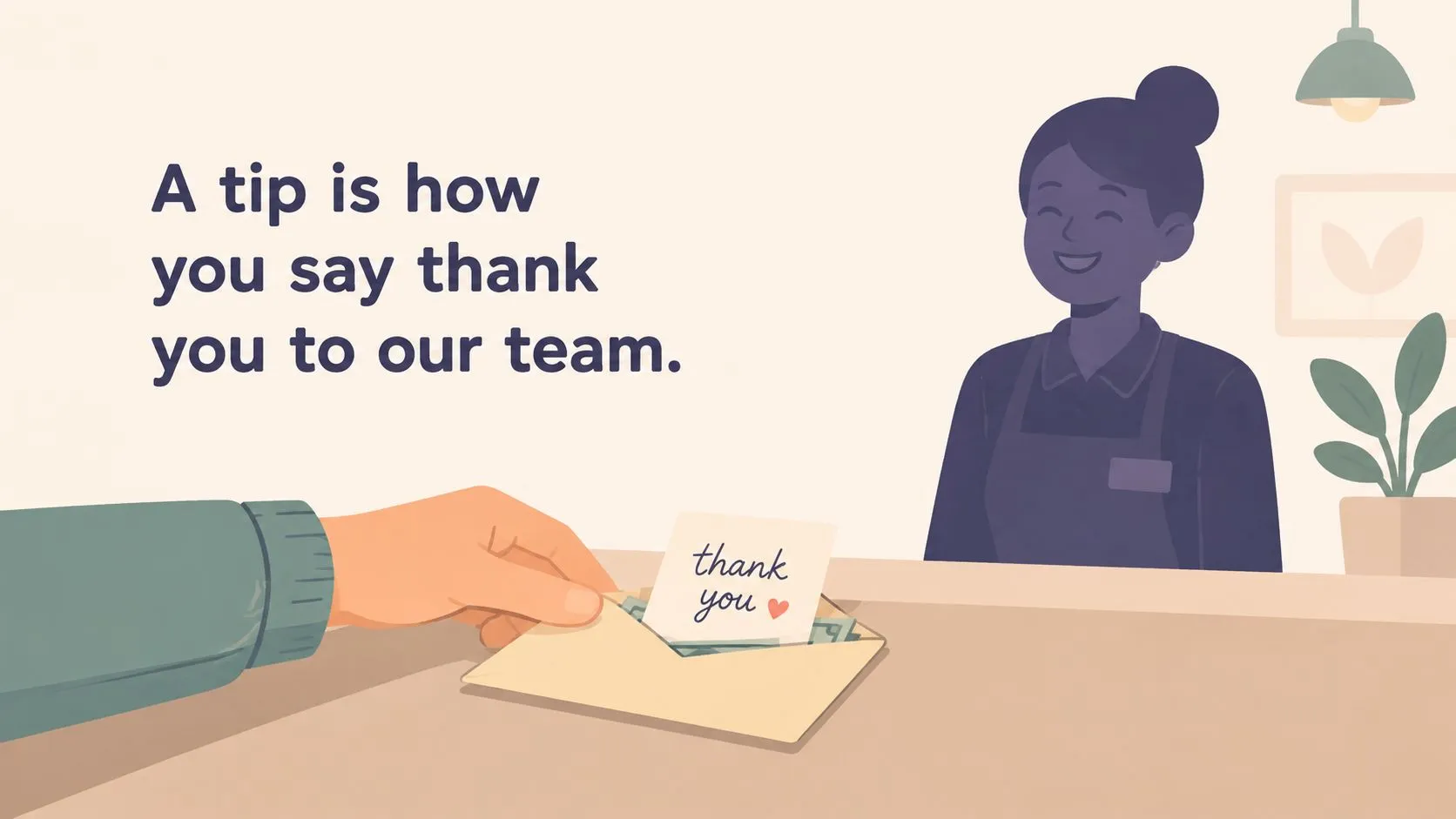 A hand handing an envelope with money and a thank you note to a smiling cafe worker.