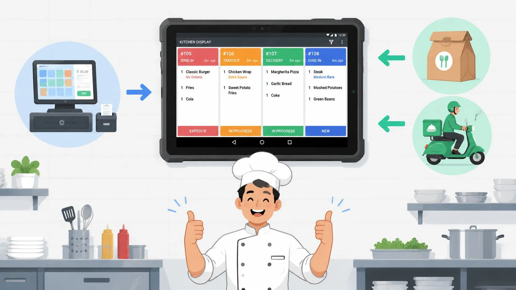 Diagram illustrating the functionality and integration of a Square Kitchen Display System with delivery apps.