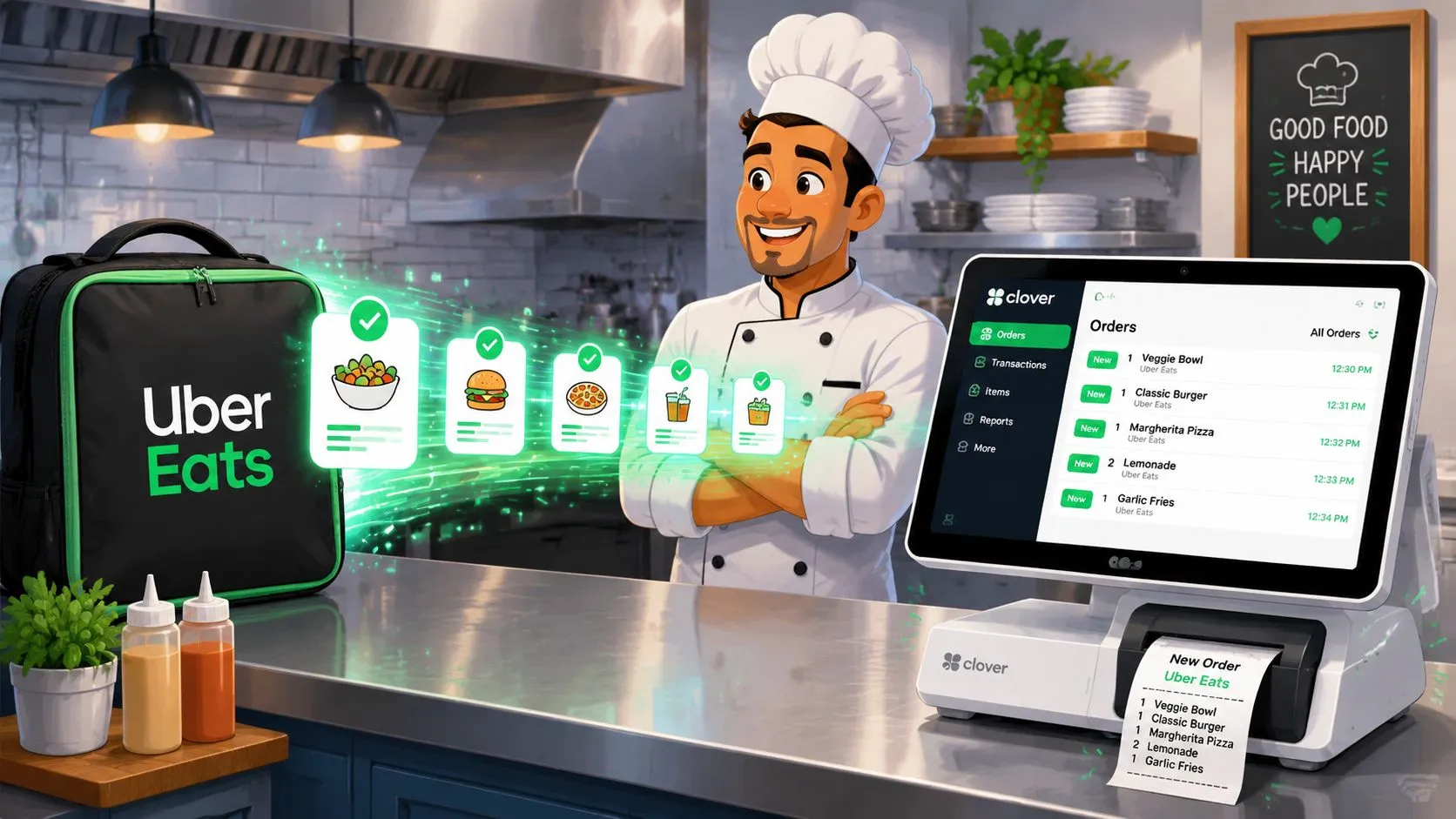 Illustration showing steps to integrate Uber Eats with Clover POS for restaurant operators.