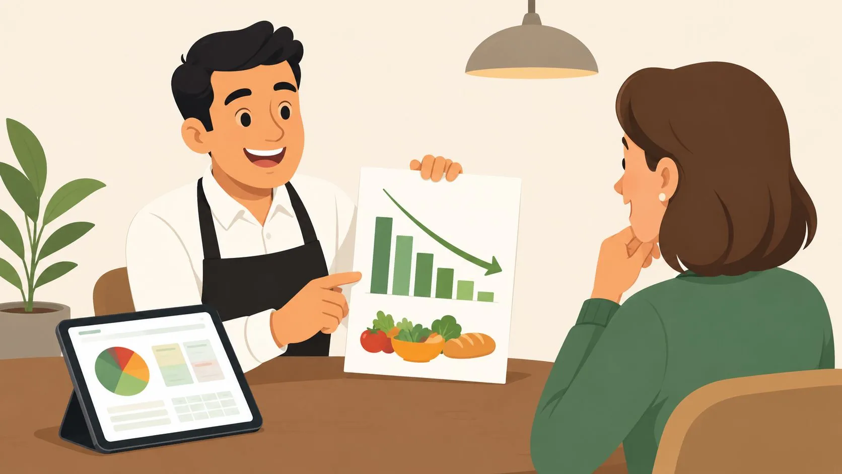 A professional advisor presenting a declining food waste chart to a client in an office setting.
