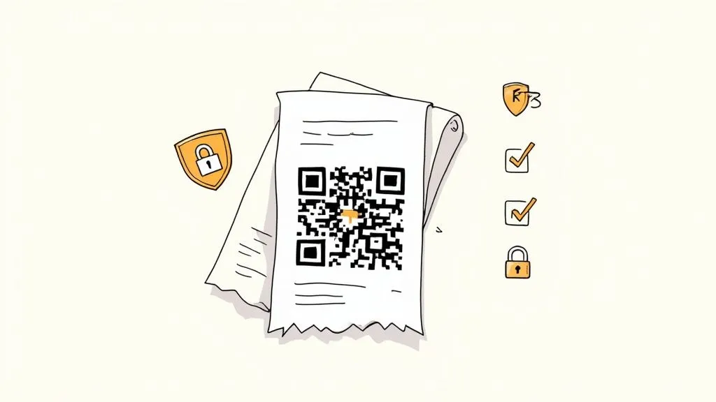 Hand-drawn illustration of a QR code on a receipt, surrounded by various security symbols and checkmarks.