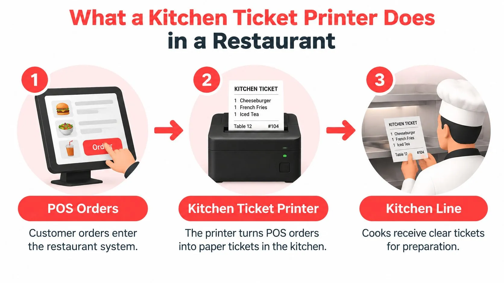 An infographic showing how a kitchen ticket printer works, from POS order entry to the final kitchen prep.
