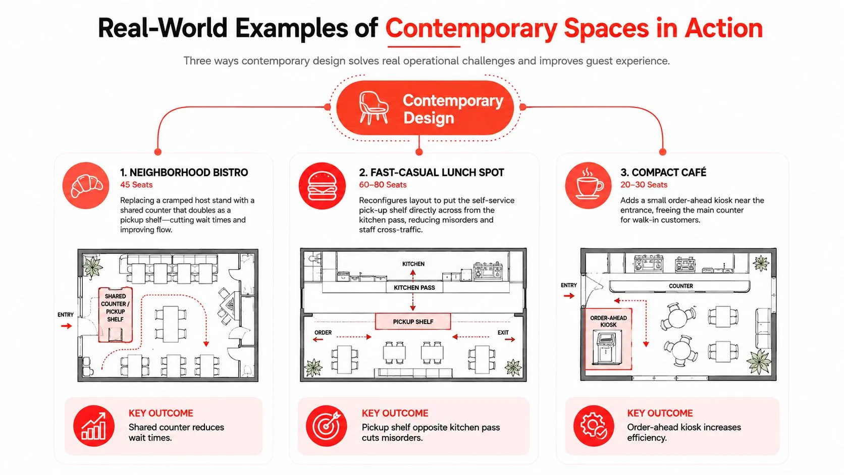 An infographic illustrating three contemporary restaurant design solutions to improve operational efficiency and customer flow in dining spaces.