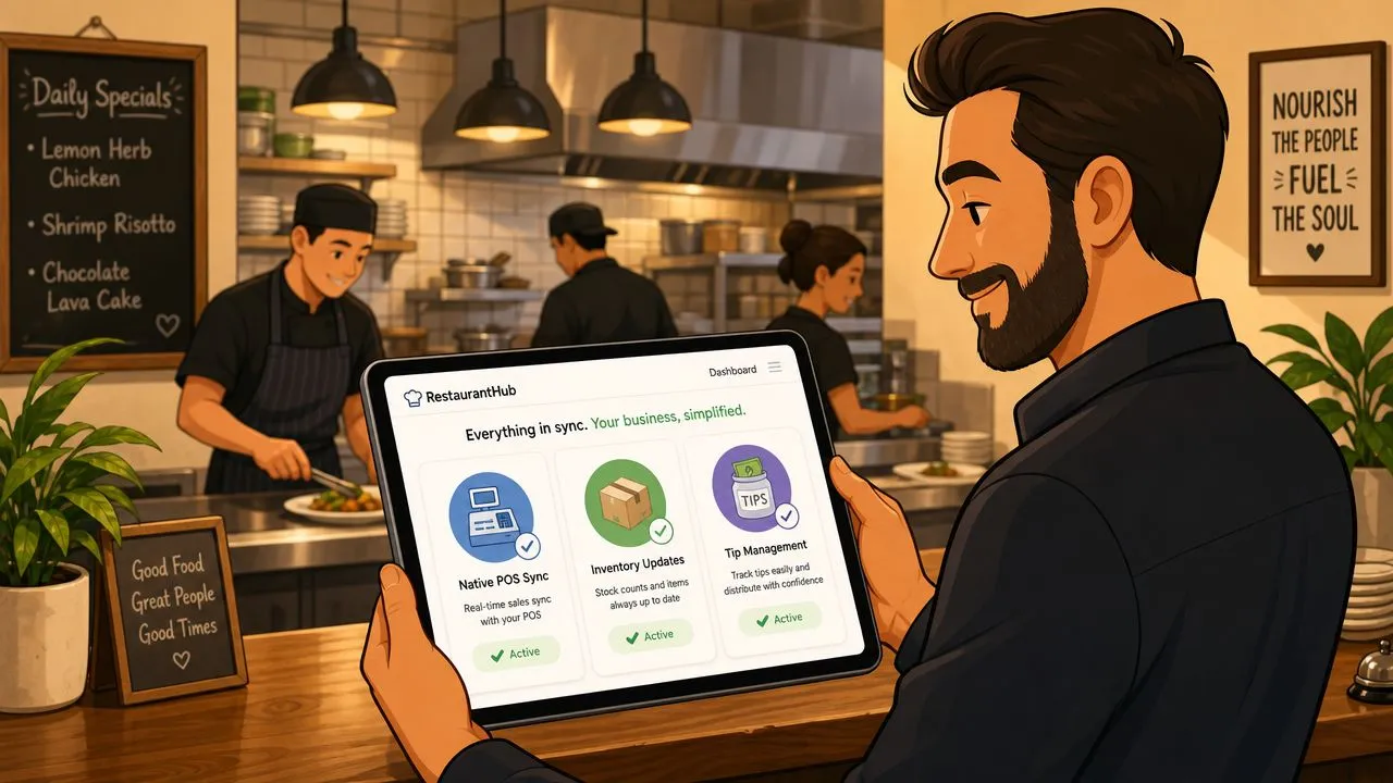 A restaurant owner holding a tablet showing a software dashboard that integrates POS, inventory, and tip management systems.