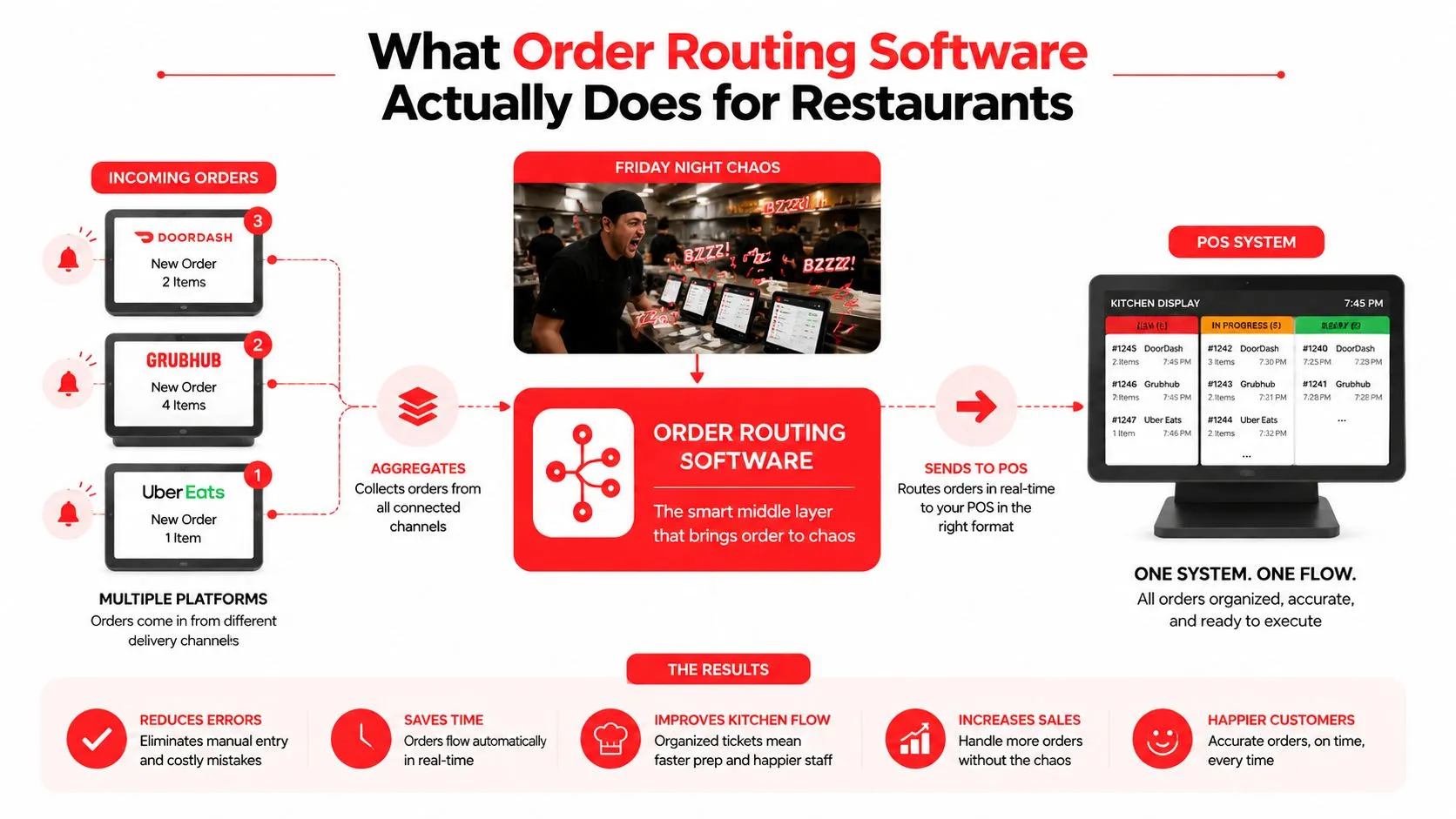 An infographic explaining how order routing software streamlines restaurant delivery orders from multiple platforms into one POS system.