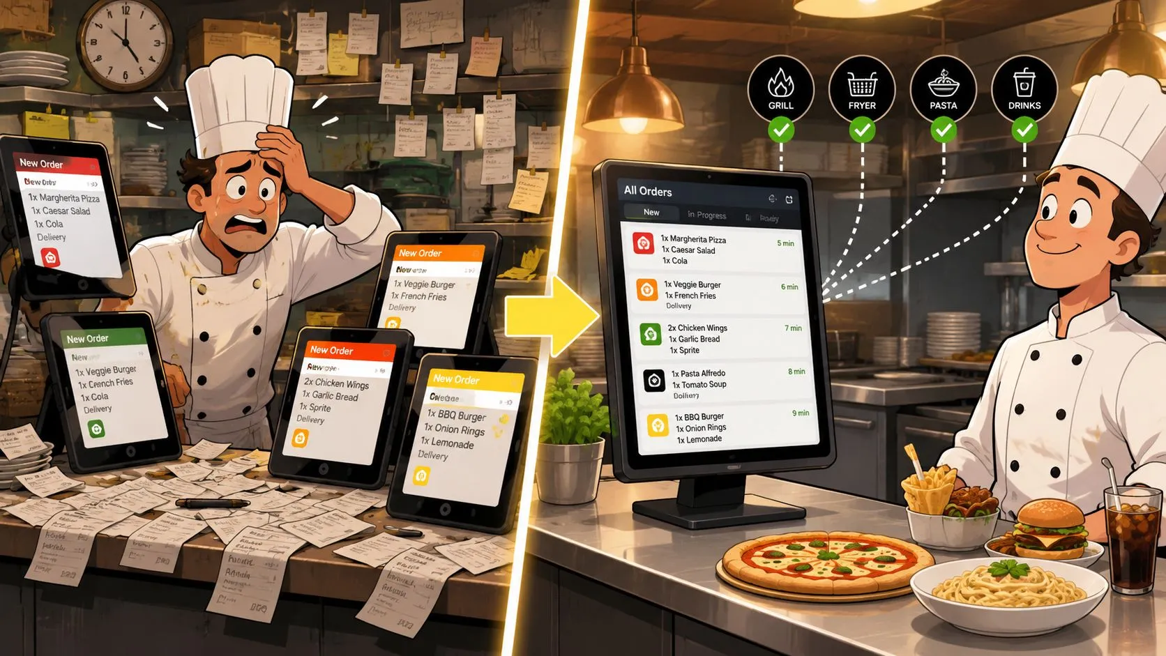 A split screen comparing a chaotic, overwhelmed chef to a relaxed chef using a digital order management system.